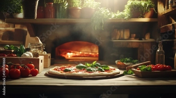Fototapeta Artisan Pizza Preparation in Rustic Italian Kitchen: A Culinary Delight