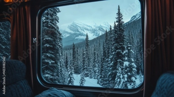 Fototapeta Winter Wonderland from a Train Window: Majestic Mountain View