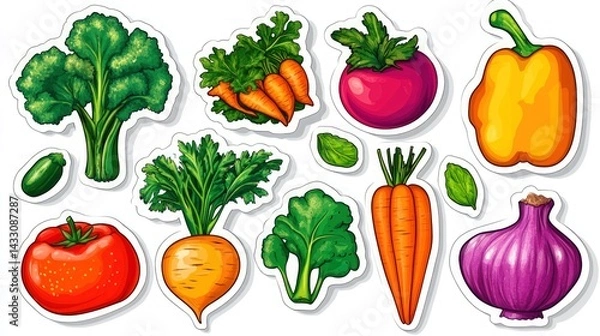 Fototapeta Vibrant Vegetable Stickers: A Colorful Collection of Fresh Produce
