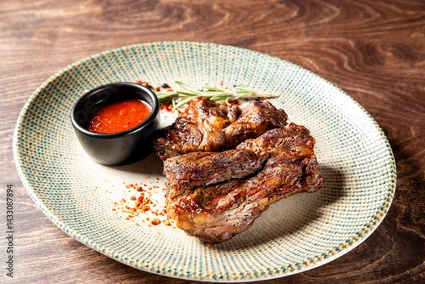 Obraz Succulent grilled beef ribs served on a textured plate with a side of spicy dipping sauce and garnished with fresh rosemary, creating an inviting and hearty meal.