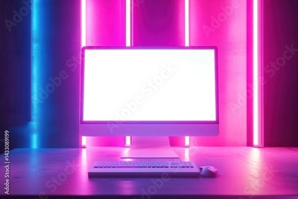 Fototapeta Modern gaming room with computer mockup screen and neon lights