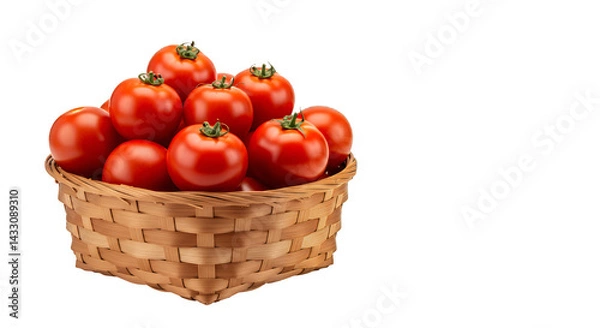 Fototapeta Heap of plump, crimson tomatoes nestled within a light brown woven basket against a black background.