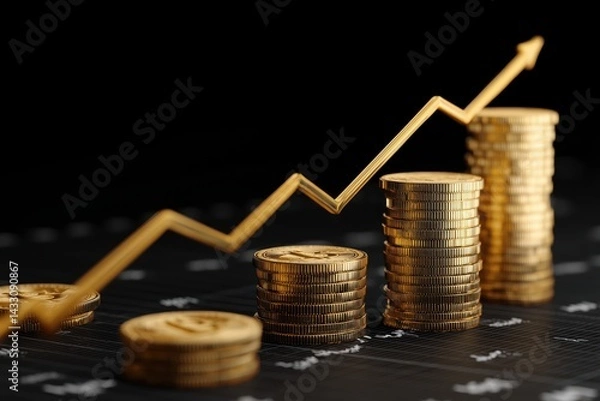 Fototapeta Rising Gold Coins and Growth Chart on Black Background