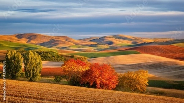 Fototapeta Autumnal Pallete: Rolling Hills and Golden Fields