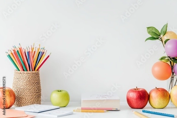 Fototapeta back to school concept with books and apple ,Photo of a desk adorned with pencils, apples, and books on a pristine white background, perfect for a school theme with ample copy space.