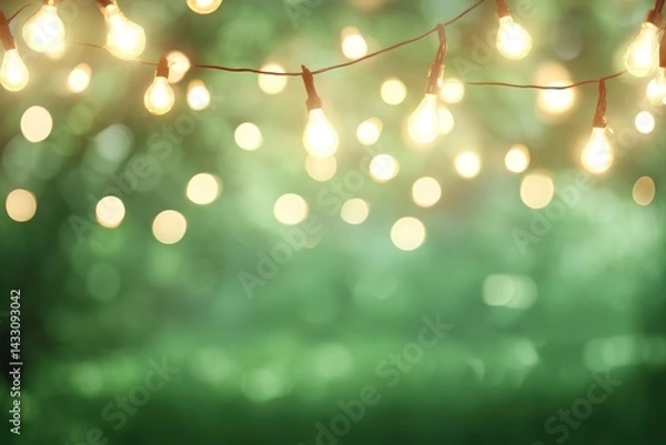 Fototapeta Outdoor string lights hanging in backyard with evening bokeh