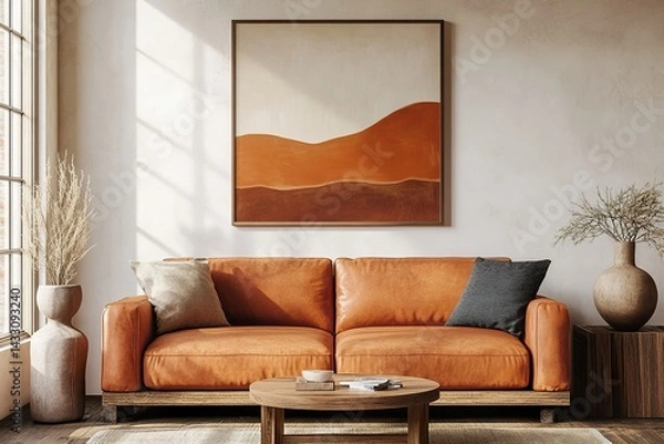 Fototapeta living room interior ,Small poster frame on the wall in front of an orange sofa, presented in a mockup style with warm colors, beige and terracotta tones.