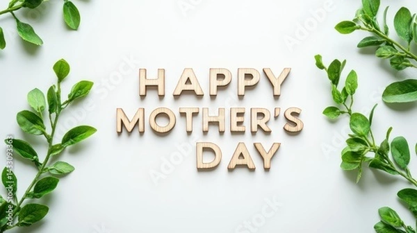 Fototapeta Happy Mother's Day Wooden Text with Greenery: The phrase "HAPPY MOTHER'S DAY" is spelled out in wooden letters surrounded by delicate green leafy branches on a white background.





