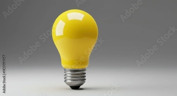 Fototapeta A yellow light bulb with a silver base sitting on a white surface against a gray background studio shot