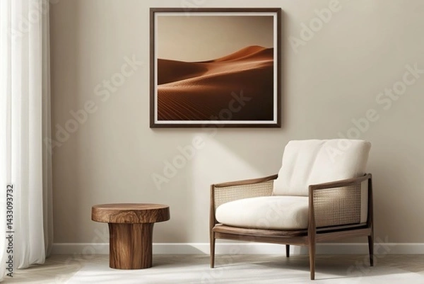 Fototapeta modern interior design ,Small poster frame on the wall in front of an orange sofa, presented in a mockup style with warm colors, beige and terracotta tones.