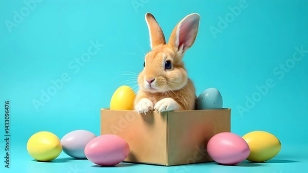 Fototapeta A cute Easter bunny sits in a cardboard box with colorful Easter eggs nearby