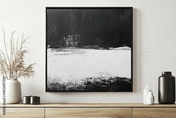 Fototapeta modern interior design ,Minimalist, modern black-and-white brush stroke poster, framed and hung above an empty wooden sideboard adorned with vases and decorations.
