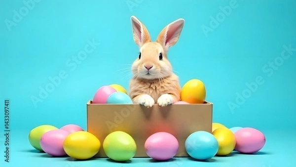 Fototapeta A cute Easter bunny sits in a cardboard box with colorful Easter eggs nearby