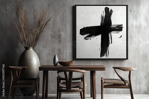 Fototapeta interior of a room with a table ,Minimalist, modern black-and-white brush stroke poster, framed and hung above an empty wooden sideboard adorned with vases and decorations.