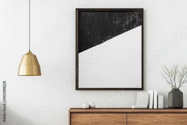 Fototapeta empty room with a window ,Minimalist, modern black-and-white brush stroke poster, framed and hung above an empty wooden sideboard adorned with vases and decorations.