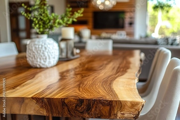 Fototapeta living room interior ,Close-up shot of a wooden dining table in an elegant home, highlighting its natural beauty and unique texture, with a detailed focus on the wood grain patterns on one side.