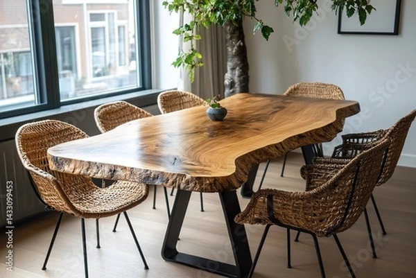 Fototapeta dining room with table ,Close-up shot of a wooden dining table in an elegant home, highlighting its natural beauty and unique texture, with a detailed focus on the wood grain patterns on one side.