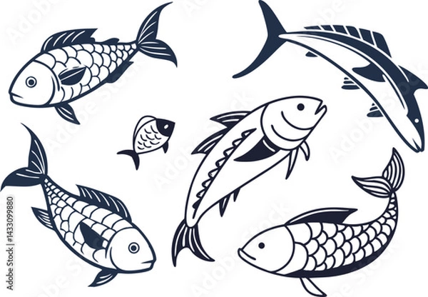Obraz Minimalist Fish Silhouette Design Collection in Black. Colorful Cartoon Fish Illustration Set for Kids and Merch. Fishing Icon Set with Hooks Rods and Outdoor Gear. Seamless Fish Pattern Design