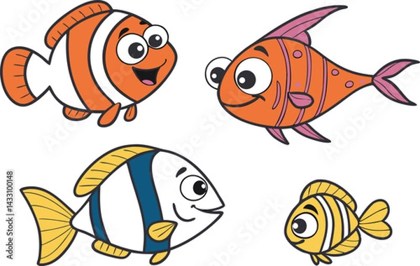 Obraz Minimalist Fish Silhouette Design Collection in Black. Colorful Cartoon Fish Illustration Set for Kids and Merch. Fishing Icon Set with Hooks Rods and Outdoor Gear. Seamless Fish Pattern Design