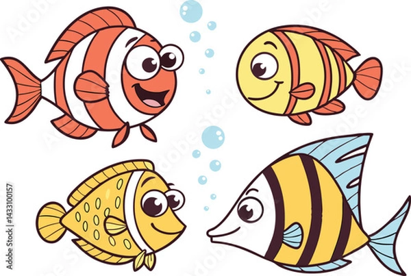 Obraz Minimalist Fish Silhouette Design Collection in Black. Colorful Cartoon Fish Illustration Set for Kids and Merch. Fishing Icon Set with Hooks Rods and Outdoor Gear. Seamless Fish Pattern Design