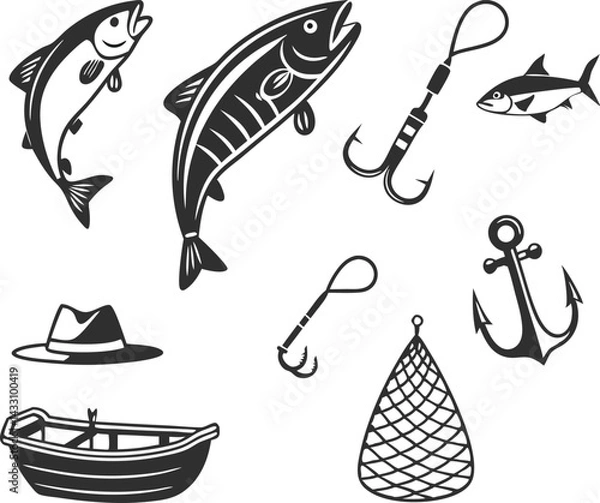 Obraz Minimalist Fish Silhouette Design Collection in Black. Colorful Cartoon Fish Illustration Set for Kids and Merch. Fishing Icon Set with Hooks Rods and Outdoor Gear. Seamless Fish Pattern Design