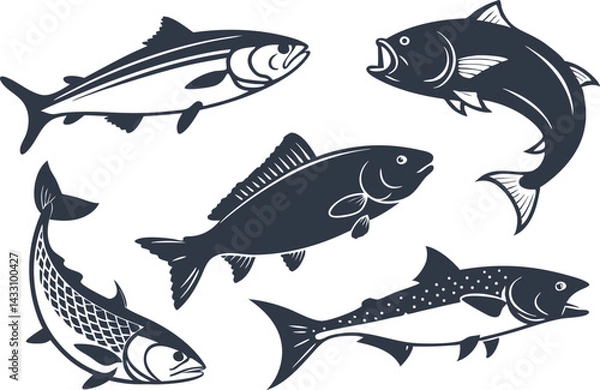 Obraz Minimalist Fish Silhouette Design Collection in Black. Colorful Cartoon Fish Illustration Set for Kids and Merch. Fishing Icon Set with Hooks Rods and Outdoor Gear. Seamless Fish Pattern Design
