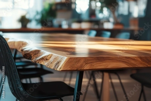 Fototapeta table and chairs in cafe ,Close-up shot of a wooden dining table in an elegant home, highlighting its natural beauty and unique texture, with a detailed focus on the wood grain patterns on one side.