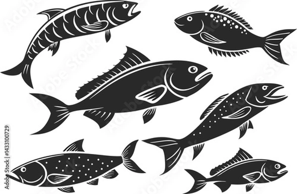 Obraz Minimalist Fish Silhouette Design Collection in Black. Colorful Cartoon Fish Illustration Set for Kids and Merch. Fishing Icon Set with Hooks Rods and Outdoor Gear. Seamless Fish Pattern Design