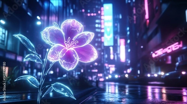Fototapeta Neon Bloom: Cyberpunk Cityscape with Glowing Flower