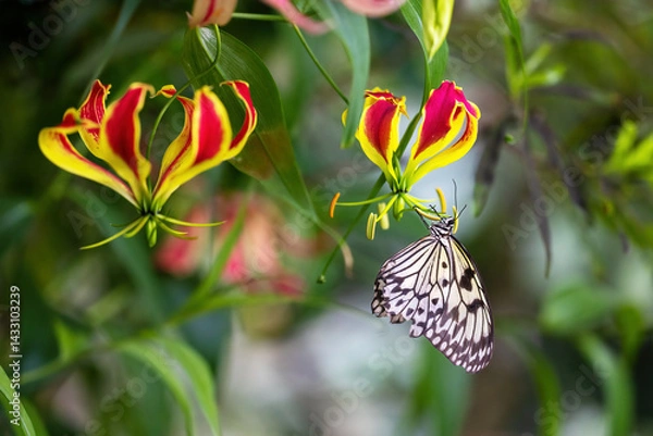 Obraz Beautiful rice paper butterfly is posing on coloeful flower. Horizontally.