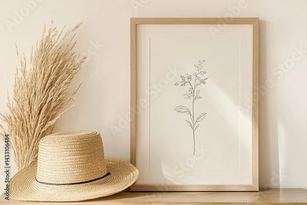 Fototapeta straw hat on the window sill,Simple wooden frame on a shelf with a lavender flower print inside, accompanied by a coffee mug and a wheat straw basket against a beige wall background. 