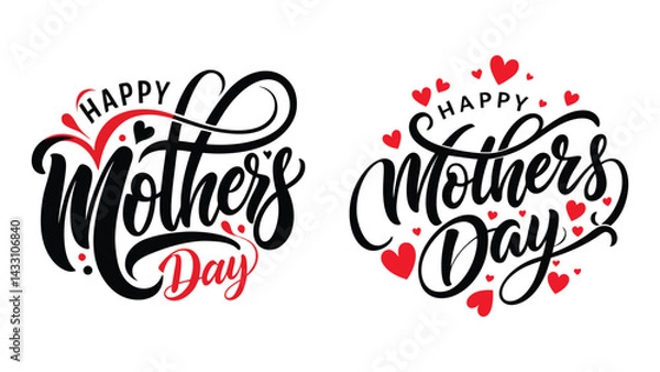 Fototapeta Happy Mother's Day typography and calligraphy  black silhouette with red tiny hearts on clean white background. graphics resource for t-shirt design