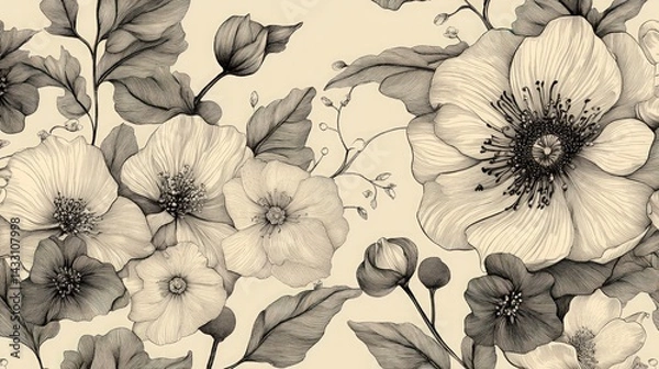 Fototapeta Elegant Monochrome Floral Design: A Detailed Pencil Sketch of Blooming Flowers