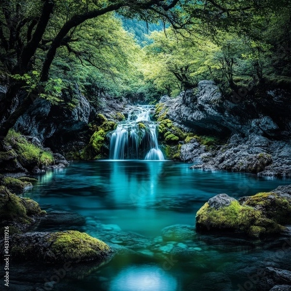Fototapeta Serene Waterfall Cascading Over Rocks into a Turquoise River