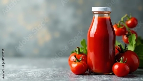 Fototapeta Bottle of ketchup with ripe red tomatoes on grey backdrop, ketchup, tomatoes