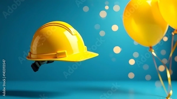 Fototapeta Yellow construction helmet on a festive background with balloons. Builder's Day