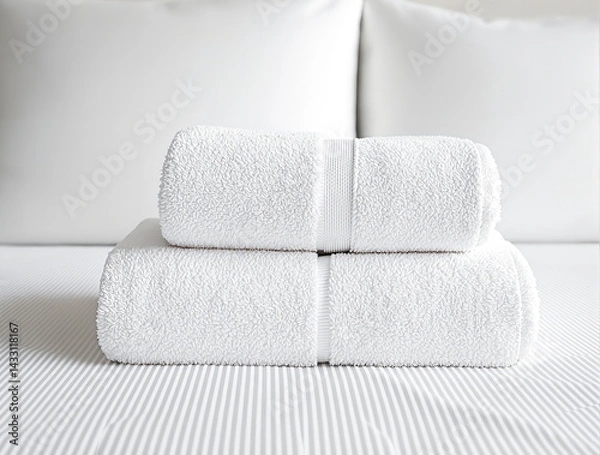 Obraz two neatly stacked fluffy white towels on a striped bed sheet