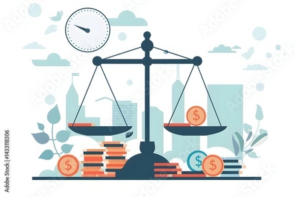 Fototapeta A balance scale with money and a clock, symbolizing the value of time and money
