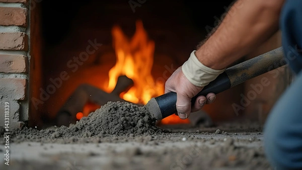 Obraz Cleaning Ashes Out of a Brick Fireplace