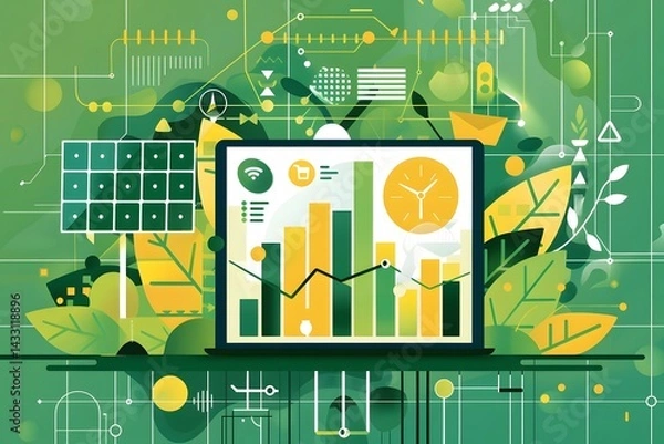 Obraz a laptop showcasing data visualization and information. Surrounding elements include solar panels and plant elements, symbolizing the intersection of nature and technology
