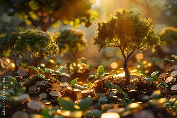 Obraz A miniature forest scene under the sunlight shows lush green plants and young trees flourishing