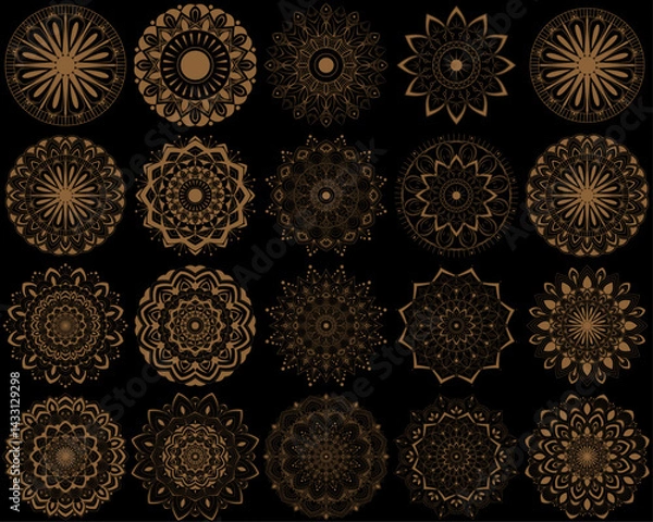 Fototapeta Horizontal mandala ornament set with Sacred Geometry Forms, . Vector illustration. Geometric Occult Design, Gold Alchemy Symbol, brown Witch on Black Background. Esoteric Prints template
