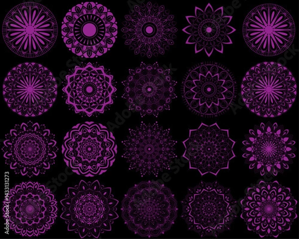 Fototapeta Horizontal mandala ornament set with Sacred Geometry Forms, . Vector illustration. Geometric Occult Design, Gold Alchemy Symbol, Dark magenta Witch on Black Background. Esoteric Prints template