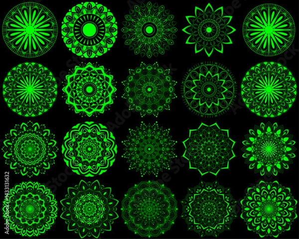 Fototapeta Horizontal mandala ornament set with Sacred Geometry Forms, . Vector illustration. Geometric Occult Design, Gold Alchemy Symbol, Green Witch on Black Background. Esoteric Prints template