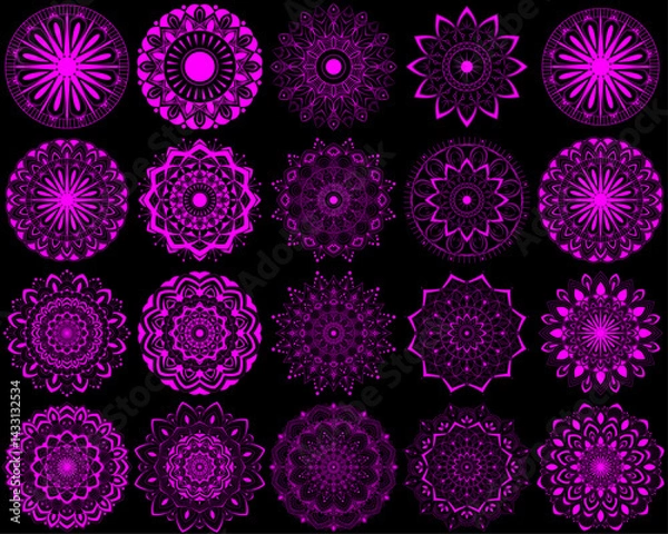 Fototapeta Horizontal mandala ornament set with Sacred Geometry Forms, . Vector illustration. Geometric Occult Design, Gold Alchemy Symbol, Fandango Witch on Black Background. Esoteric Prints template
