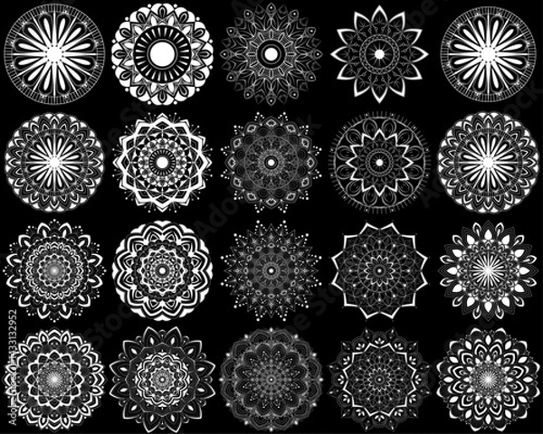 Fototapeta Horizontal mandala ornament set with Sacred Geometry Forms, . Vector illustration. Geometric Occult Design, Gold Alchemy Symbol, White Witch on Black Background. Esoteric Prints template