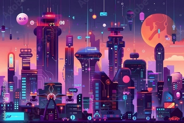 Fototapeta a futuristic cityscape with a vibrant atmosphere, showing tall buildings and advanced technology under a colorful sky