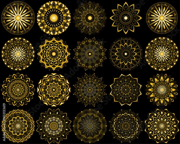 Fototapeta Horizontal mandala ornament set with Sacred Geometry Forms, . Vector illustration. Geometric Occult Design, Gold Alchemy Symbol, Golden gradient Witch on Black Background. Esoteric Prints template