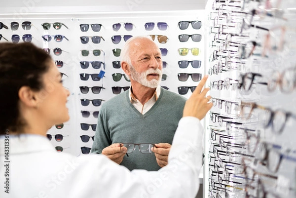 Obraz Experienced female optician helping senior man to choose perfect frame for new eyeglasses in optic store.