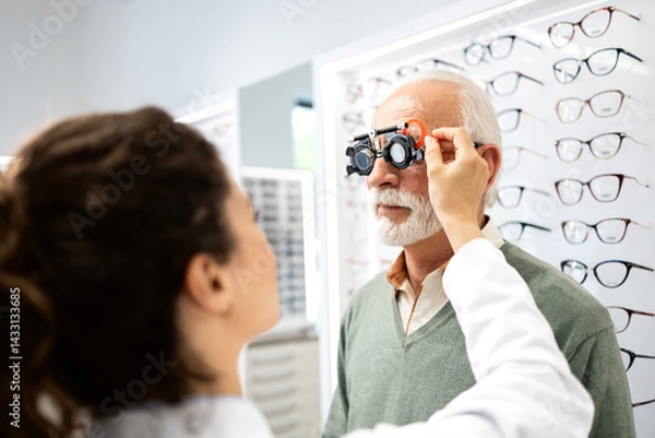 Obraz Experienced female optician testing senior man eyesight and diopter in optic store using test eyeglasses.